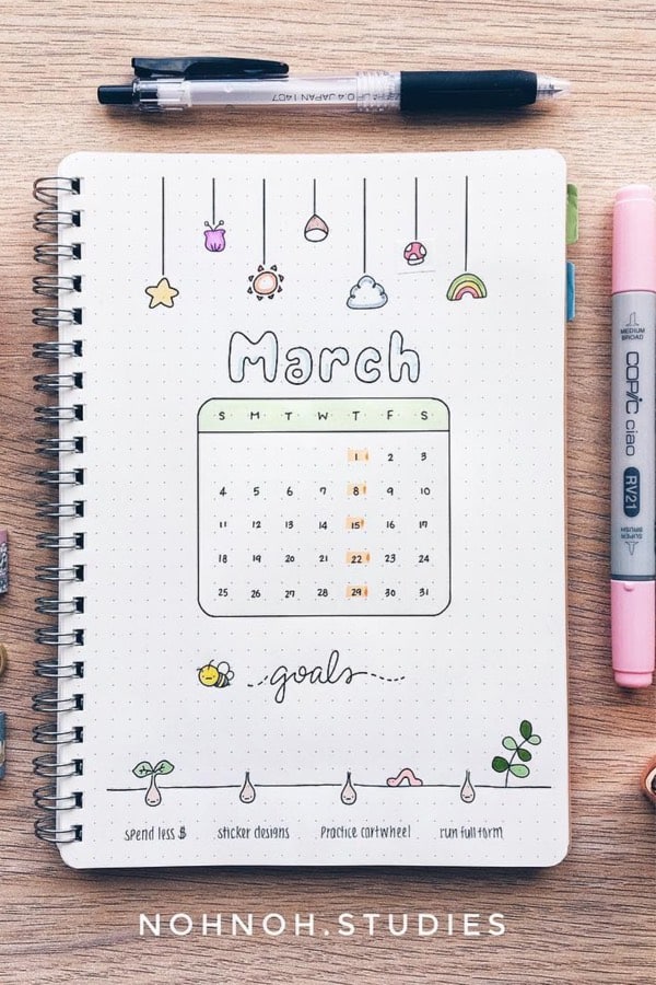 Monthly bullet journal covers for March